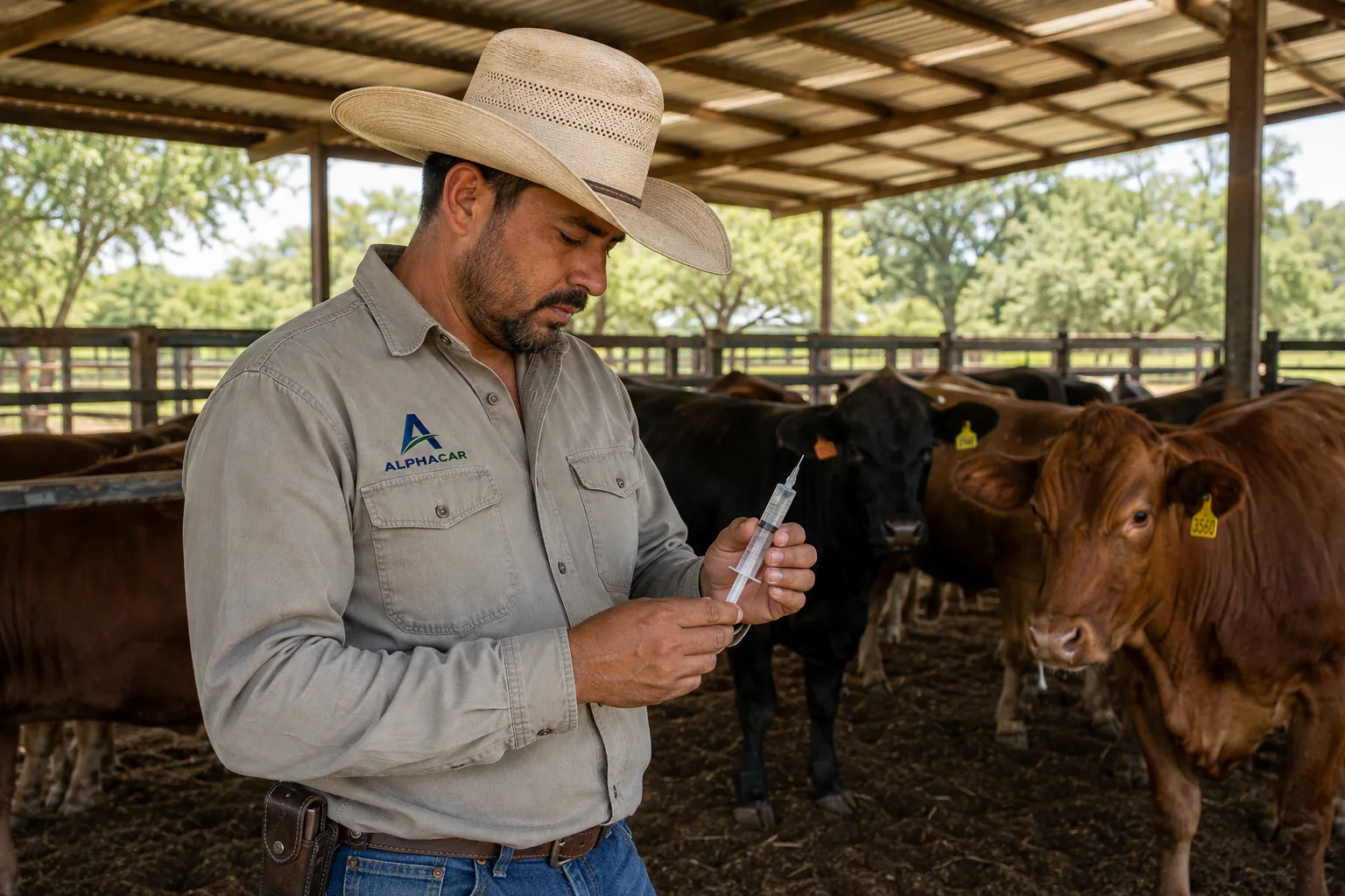 Ganadero con sombrero preparando una jeringa veterinaria junto a ganado bovino en un corral